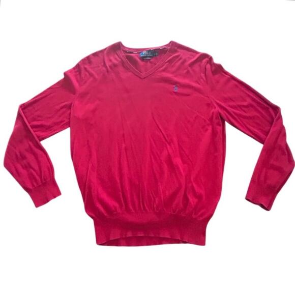 ⭐️ Ralph Lauren Polo V-Neck Knit Red Pullover Cotton Sweater Men's Size‎ Large - Picture 1 of 4